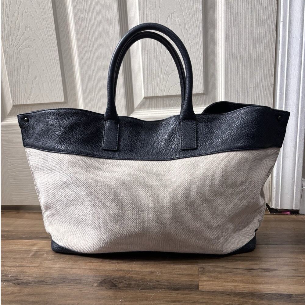 Akris Ai Medium Canvas Leather Convertible Tote Bag White & Blue Pebbled Leather
